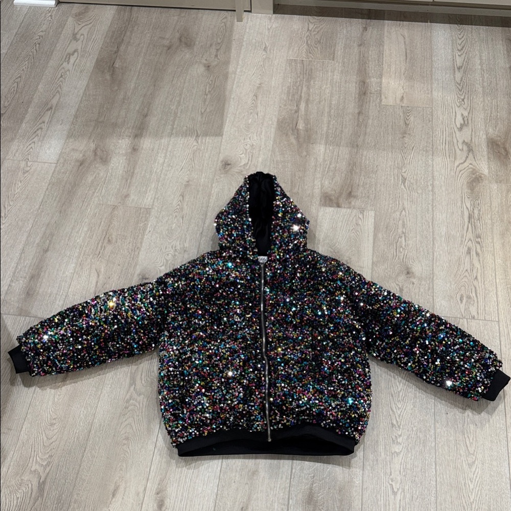 Lola + The Boys Black Sequin Hooded Puffer Jacket
